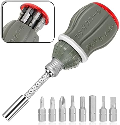 AECCN 8-in-1 Ratcheting Multi-Bit Screwdriver Set, Impact Rated Stubby Screwdriver Adjustable Magnetic Tool with Phillips, Slotted, Square and Nut Driver - FO-6009X