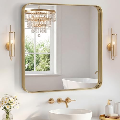 Image of NEWBULIG 36X36 Inch Bathroom Mirror for Over Sink, Wall Vanity Mirrors Tempered Glass, Anti-Rust Metal Framed Rounded Rectangle, Hangs Horizontally or Vertically, Farmhouse Home Decor, Gold