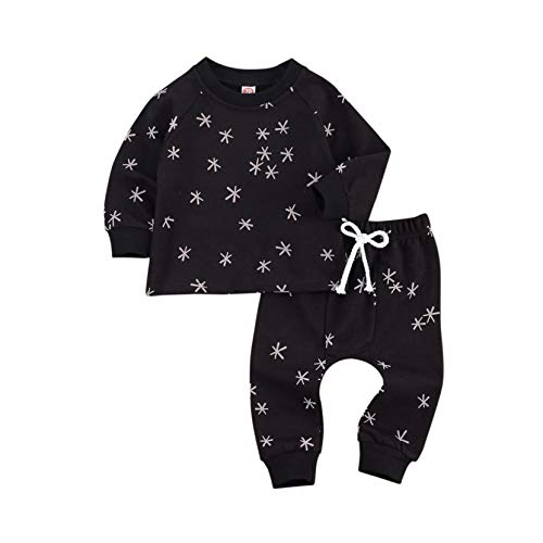 Newborn Infant Baby Boys Girls Clothes 2pcs Solid Color/Print Pajamas Long Sleeve Tops+Pants Baby Boy Winter Outfit (Snowflake Print&Black, 18-24 Months)