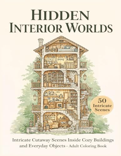 Hidden Interior Worlds: Intricate Cutaway Scenes Inside Cozy Buildings and Everyday Objects Adult Coloring Book