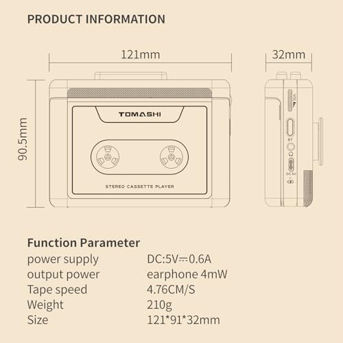 Portable Cassette Player with Bluetooth, Cassette Stereo Player with Type-C Charging, Built-in Battery, Belt Clip, and Earphone Jack for Wireless Music Playback