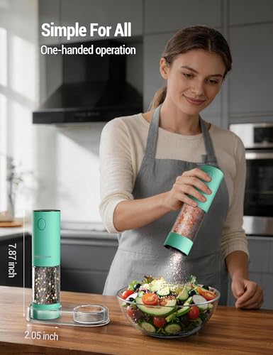 Image of ThermoMaven Electric Salt and Pepper Grinder Set, 110ml Larger Rechargeable Automatic Salt and Pepper Mill Grinder with 6 Adjustable Coarseness, Electric Salt and Pepper Shakers, LED, Mint Green