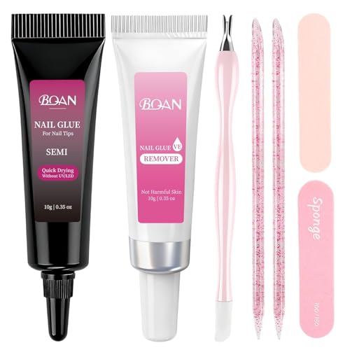Image of BQAN Semi Nail Glue Kit Super Strong for Acrylic Nail Tips | 10g Quick-drying Glue | Long Lasting | No UV Light Required | For Press on Nails | 10ml Nail Glue Remover Includes