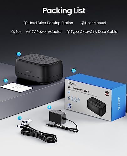 ORICO Stacja dokująca do dysków twardych z dwoma kieszeniami USB 3.2 Gen 1, obudowa dysku twardego do wszystkich standardowych dysków twardych 2,5" i 3,5" HDD/SSD do 2 x 20 TB z zasilaczem 12 V 3 A