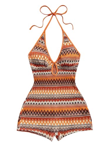 MakeMeChic Womens Halter Short Rompers Summer One Piece Jumpsuits Backless Shapewear Striped Multicolor Small