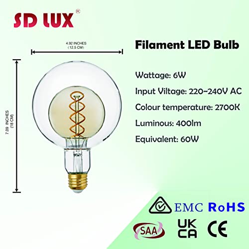 SD LUX DIMMABLE LED Bulb Vintage Globe Bulb Decorative Light G125 E27 6W 400LM(60W Equivalent) ES 2700K Warm White, 1 PC (Amber) - Image 2