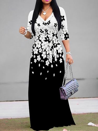 Image of Plus Size Dresses for Women Floral Print Maxi Dress Flowy 3 /4 Sleeve with Belt