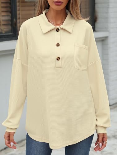 Image of ZAAYO Women Waffle Knit Tops Henley Shirts V Neck Long Sleeve Solid Color Casual Tunics Blouse