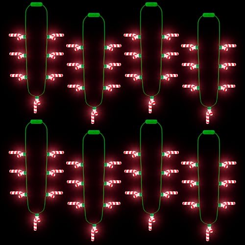 Bulk 8PCS 3D Light Christmas Candy Cane Necklace, 3 Modes, Women & Men, Ugly Sweater, New Year Accessories