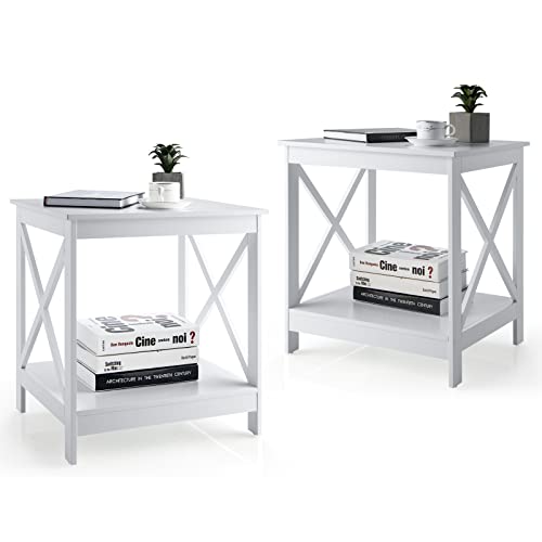 Giantex 2-Tier End Table with Storage Shelf Set of 2, Modern Sofa Side Table with Classic X-Design, Versatile Bedside Table, Wood Nightstand for Living Room, Bedroom, 20´´ D x 18´´ W x 22.5´´ H, White