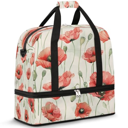 Travel Duffel Bags Watercolor Poppy Foldable Weekender Bags for Women with Shoes Compartment Waterproof & Tear Resistant Carry on Overnight Luggage Duffel Bag Shoulder Sports Tote Bag