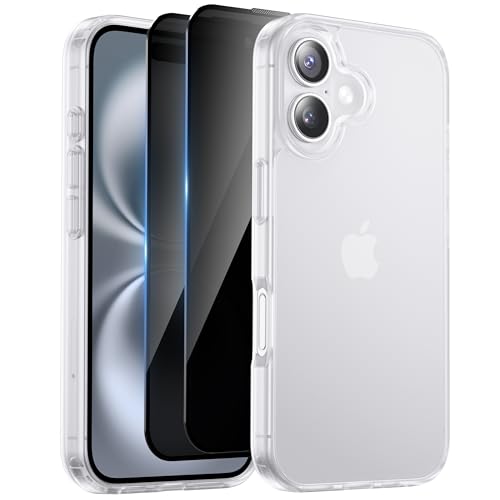 HeIssitot Matt Handyhülle für iPhone 16 Hülle und 2 Stück Sichtschutz Schutzfolie, [Militärstandard] Durchscheinende PC Rückseite TPU Bumper Schutzhülle für iPhone 16, Matte Weiß