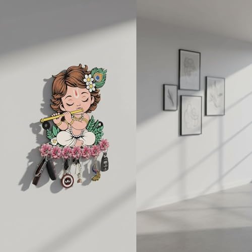 Image of JIVAY Baby Krishna Decorative Wall Mounted Key Holder for Home | Wooden Key Hanger with 7 Hooks | Designer Key Stand for Living Room, Entrance & Office | Home Decor Gift Item (Pink Krishna Key Holder)