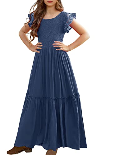 Image of MITILLY Girls Lace Flower Wedding Guest Long Maxi Dress for 6-12 Years | Girls Boho Dress, Girls' Special Occasion Dresses, Wedding Party, Size 6-12 Years, Ruffle Sleeve, A Line, With Pockets