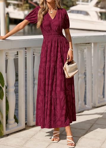 Image of KIRUNDO Summer Dresses for Women 2026 Boho Flowy Casual Short Sleeve V Neck Elastic Waist Floral Long Baby Shower Maxi Dress