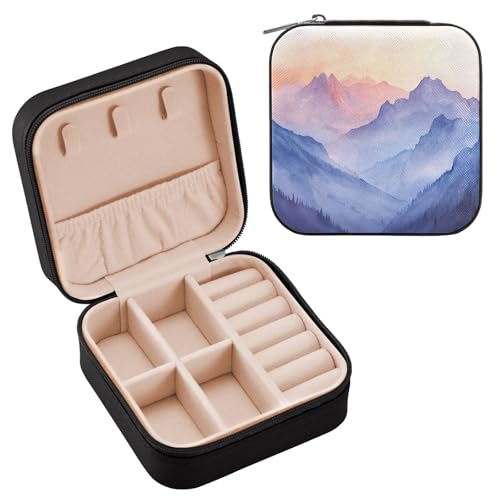 Ttgoth Joyero de montaña de acuarela para mujeres y niñas, estuche portátil de viaje de piel sintética, joyero para anillos, aretes, collares, pulseras, organizador de joyas, 10 x 10 x 5 cm