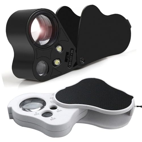 Liuer Lupa de Joyero giratoria, 2 Piezas Plegable Portátil Gafas Lupa Lupas de Gran Aumento con Luz Lupa con Luz Led para Manualidades Lupas de Gran Aumento Lupa de Bolsillo Lupa Relojero 30x 60x 90x