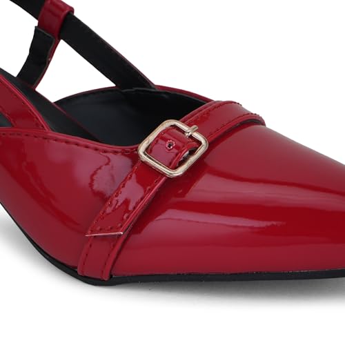 Image of Women's Pointed Toe Kitten Heels, Elegant Glossy Patent Leather Slingback Pumps with Adjustable Buckle Strap, 2-Inch Pencil Heel Sandals