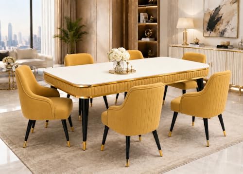 Image of WOODEN SPACE 6-Seater Wooden Dining Table Set | Nano Composite Marble Top | Solid Wood Base | Modern Dining Room Furniture with 6 Chairs (Yellow Modern Zyro)