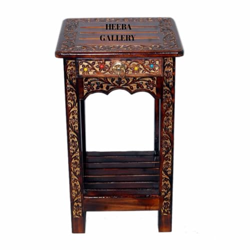 Image of Wooden Stool-Natural Wood Antique Look Side Table with Two Drawer for Living Room (Brown, 14 x 14 x 21 inch) || AS(2D) (Square Stool)