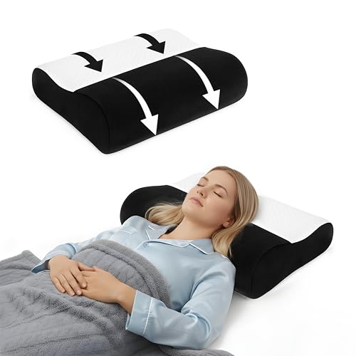 Image of Neck Support Pillow, Memory Foam Cervical Contour with Inner Cover for Hygiene, Breathable Jacquard Velvet Case, Black, 9 cm 12 cm Heights, 60 x 35 cm Ergonomic Bedding Sleep Aid Set