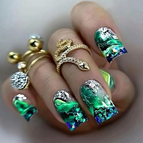TBRZTR Press on Nails Medium Square Green Smudge False Nails with Silver Glitter Powder Design Artificial Acrylic Nails Square Glue on Nails Full Cover Coffin Nails Reusable Stick on Nails for Women Cover