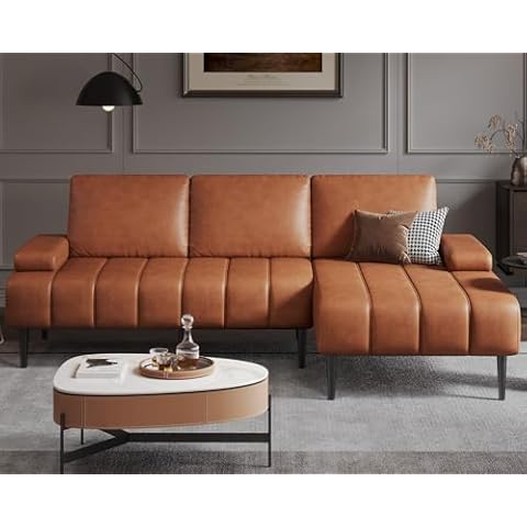Fadware Sectional Couch for Living Room, 94.5'' Faux Leather L-Shaped Sofa Couches, Modern Upholstered 3 Seat Couch with Removable Armrest and Not Convertible Chaise for Apartment, Brown Cover