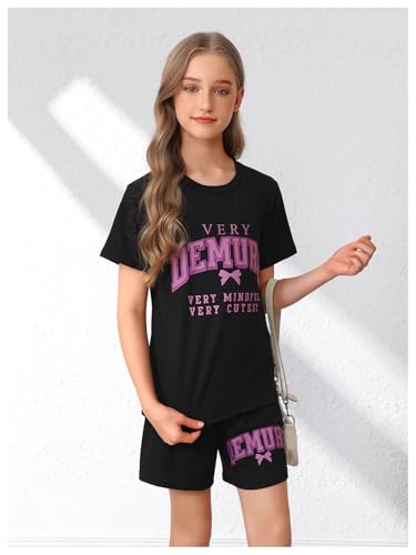 Image of Verdusa Girl's 2 Piece Outfits Letter Print Bow Graphic Tee with Shorts Clothing Set