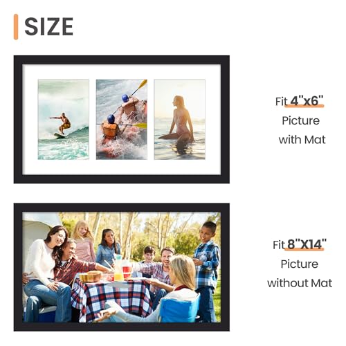 Image of upsimples 8x14 Collage Picture Frame, Display Pictures 3 4x6 with Mat or 8x14 Without Mat, Wall Hanging 3 4x6 Picture Frame Collage Wall Decor, Black, 1 Pack