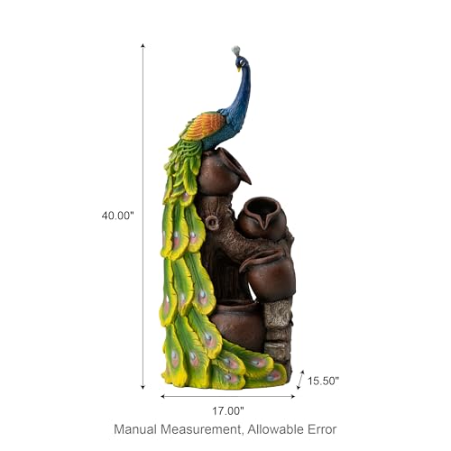 Image of Glitzhome 4-Tier Peacock and Jars Outdoor Water Fountain with LED Light, 40 inchH Oversized Resin Peacock Sculpture Waterfall Fountain with Submersible Pump for Garden Patio Porch