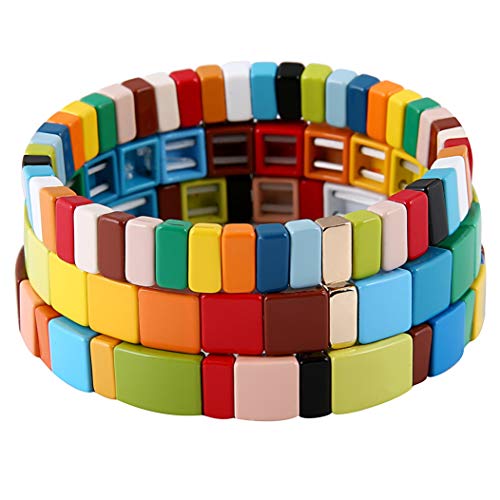 Coolcos Tile Bracelets Stackable Enamel Stretch Tile Bracelet Rainbow Colorblock Beads Bracelets Bohemian Strand Bracelets for Lady Women & Men Girls (A Colorblock Stripe)