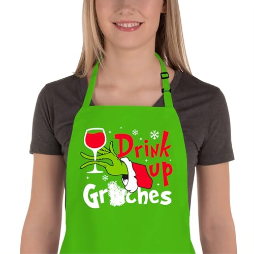 Saukore Funny Christmas Baking Apron for Women Men, Novelty Holiday Kitchen Cooking Aprons with 2 Pockets, Cute Xmas Gifts for Bakers Mom Wife Husband Girlfriend - Drink Up Grinches