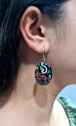 Oval Paua Abalone, Red Coral & Mother of Pearl Earrings, Dangle Drop Seashell Fashion Jewelry DA1172