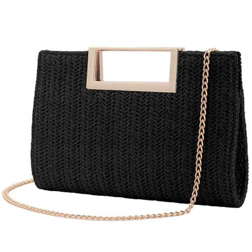Image of Women's Straw Raffia Clutch Purse, Top Handle Woven Handbag with Crossbody Strap, Summer Beach Shoulder Bag