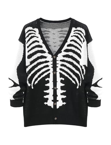 SECRETEYARD Mens Skeleton Pattern Y2K Chunky Cardigan Sweaters Long Sleeve Unisex Outwear Knitted Coats Black