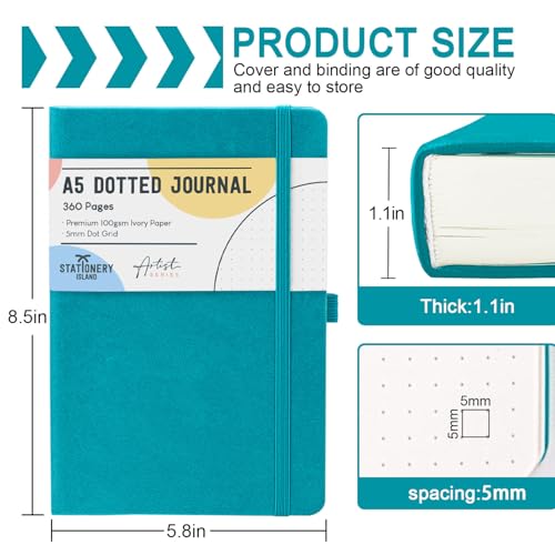 STATIONERY ISLAND Bullet Dotted Journal A5, Thick Notebook 100gsm Paper 360 Pages, Hardback Journal Notebook with Pen Holder, Inner Pocket, 2 Bookmarks - 6