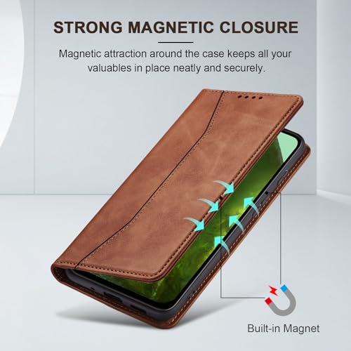 Image of Jasonyu Flip Wallet Case for Google Pixel 8A,Leather Magnetic Folio Cover with Card Holder,Kickstand - TPU Shockproof Durable Protective Phone Case,Brown
