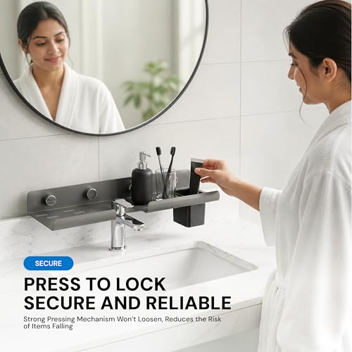 Image of MIORAH Bath Shelves for Wash Basin | Bathroom Organiser Without Drill | Suction Bathroom Accessories & Stand with Tooth Brush Holder Grey