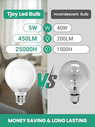 Image of TJOY G25 LED Globe Light Bulbs, Vanity Bulb for Bathroom 40W Equivalent | 4000K Natural White E26 Base, Round Decorative Bulb for Vanity Makeup Mirror, CRI85+, 450LM, Non-Dimmable, UL, 4 Pack