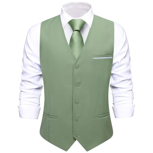 Image of Hi-Tie Men's Formal Suit Vest Solid Fit Vest for Men 3 Pockets V Neck Waistcoat Business Wedding Casual