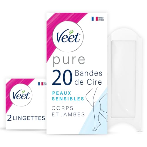 Veet PURE - 20 Bandes de Cire Froide Corps et Jambes - Peaux Sensibles - Recommandés par les Dermatologues - Epilation Longue Durée