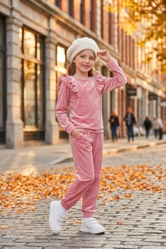 Image of Arshiner Girls 2 Piece Outfits Velour Tracksuit Ruffle Sweatshirt Sweatpant