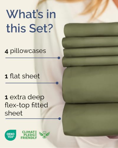 Image of Flex Top Split Head King 6 Piece Piece Sheet Set - Comfy Breathable & Cooling - Soft Hotel Luxury Bedding Set with 8-16 Inch Deep Pockets - 1 Flat & 1 Fitted Sheet & Pillowcases - Sage Green