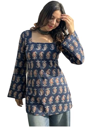 Image of ANNI Designer Women's Viscose Blend Printed Short Kurti | Straight Fit Casual Ethnic Top | Square Neck 3 /4 Sleeve Kurta Office College