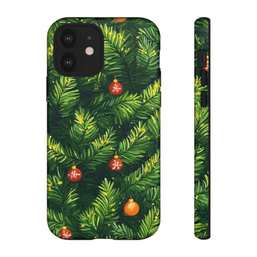 Coque iPhone 12 branches de pin de Noël et ornements - Design vert brillant