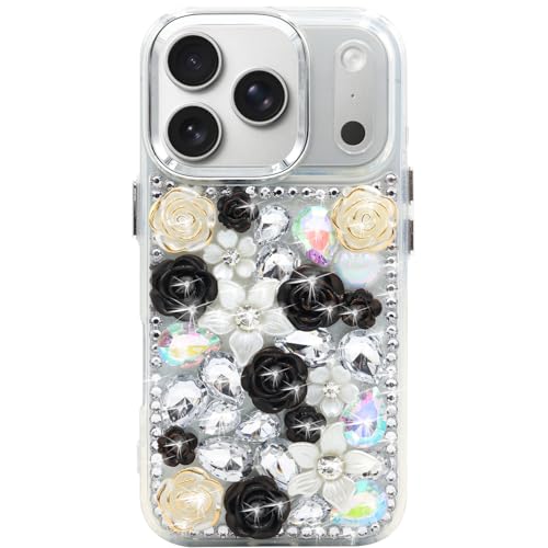 Coque iPhone 17 Pro 6,3 pouces strass bijoux camélia 3D pour femme