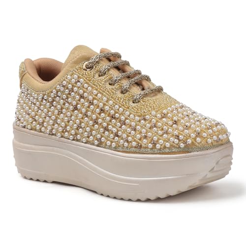 Image of Vendoz Women Hand Embroidery Wedding Party Bridal Floral High Heel Sneakers I Cushioned Insole I Comfortable Wear Wedge Shoes I for Ladies and Girls