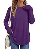 LOMON Tunic Sweaters for Women for Leggings Crewneck Curved Hem Long Sleeve Shirts with Thumb Hole Fall Outfits Purple M