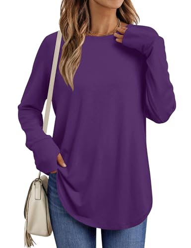 LOMON Womens Tunic Tops to Wear with Leggings Crew Neck Long Sleeve Shirts Casual Fall Tops with Thumb Holes