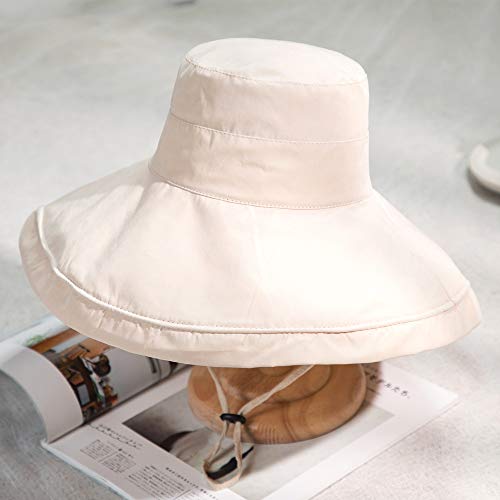 Yelesley Cotton Linen Wide Brim Bucket Hats For Women Foldable Beach Sun Protection Hats With Chin Strap Beige #TOP6